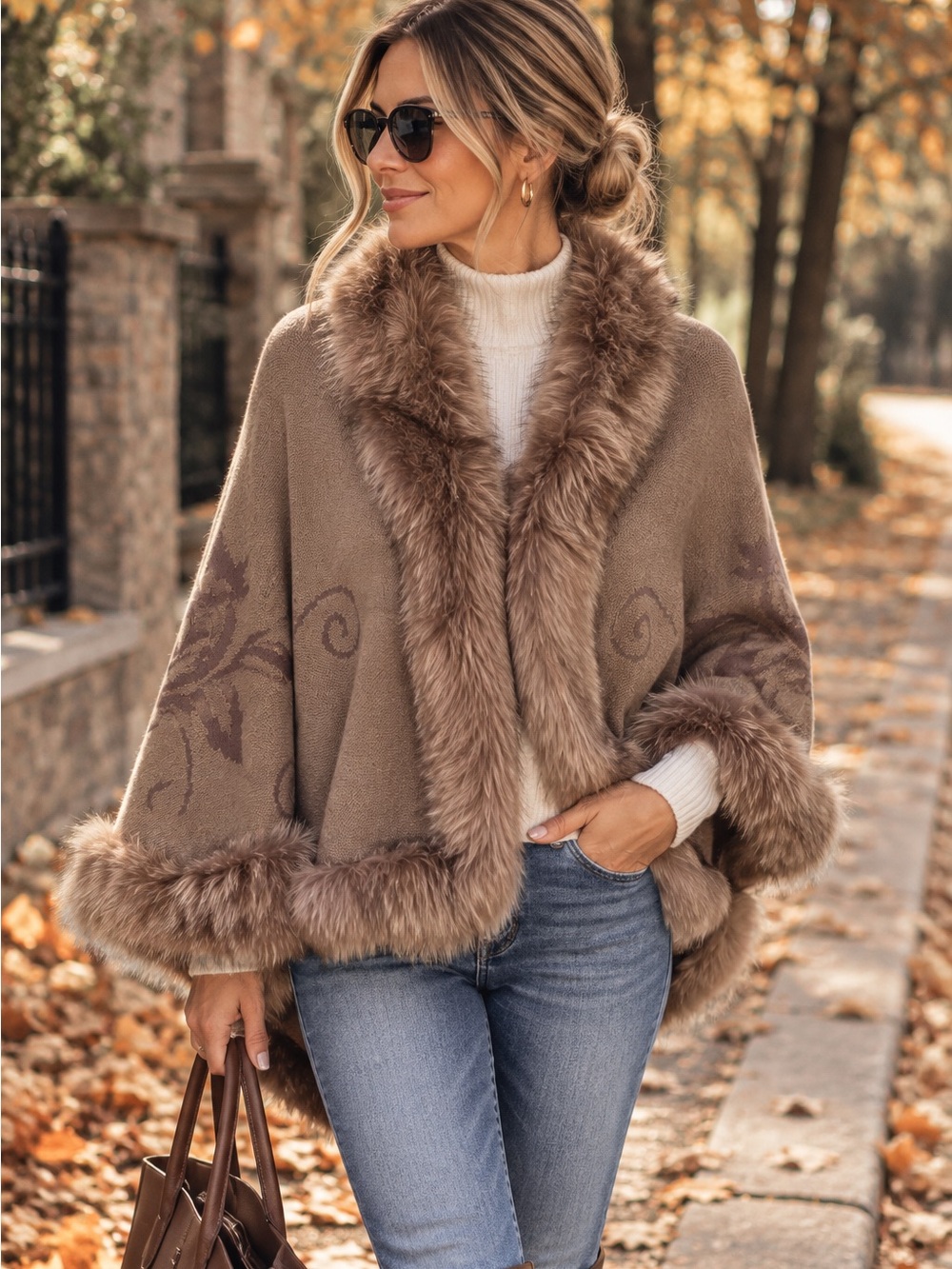 Memories Taupe Faux Fur Trim Cape Poncho S/M | Fall Winter